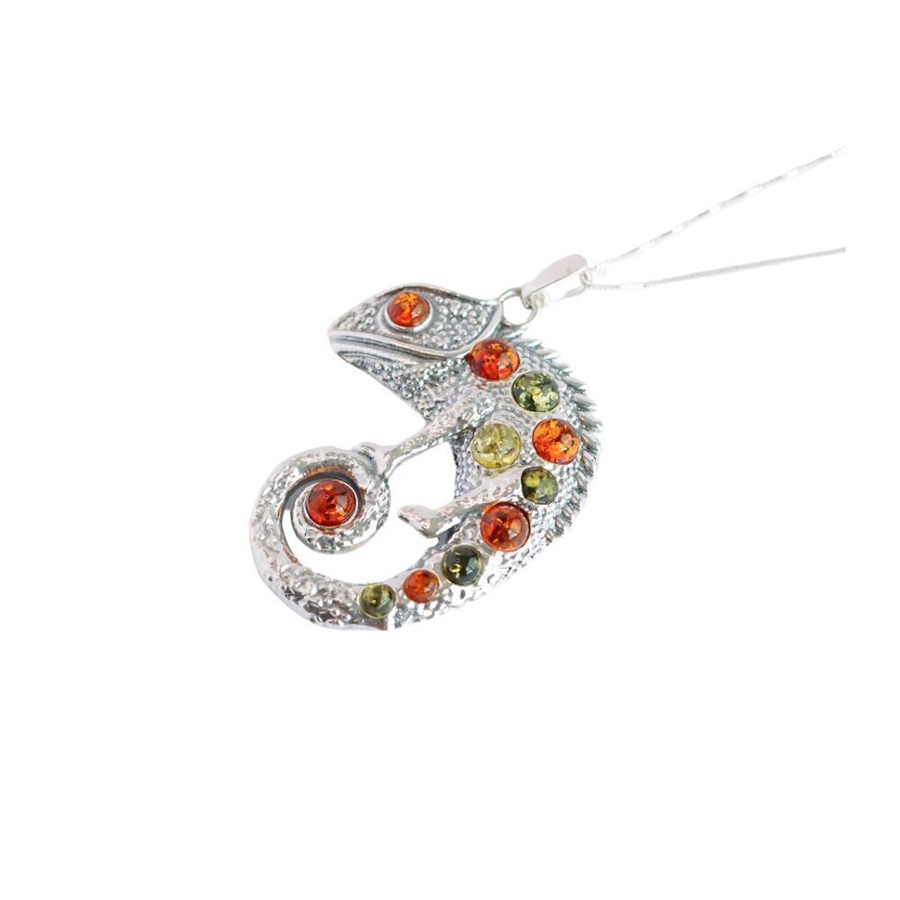 Baltic Amber Sterling Silver Chameleon Pendant Necklace - Picture 3 of 5